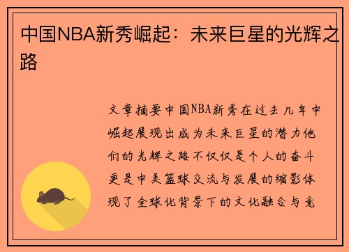 中国NBA新秀崛起：未来巨星的光辉之路